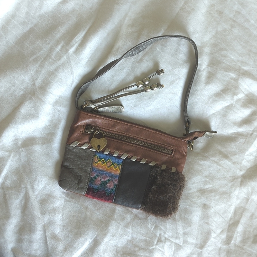 American Rag Textured Fur Pattern Leather Brown Grey Small Wristlet Bag